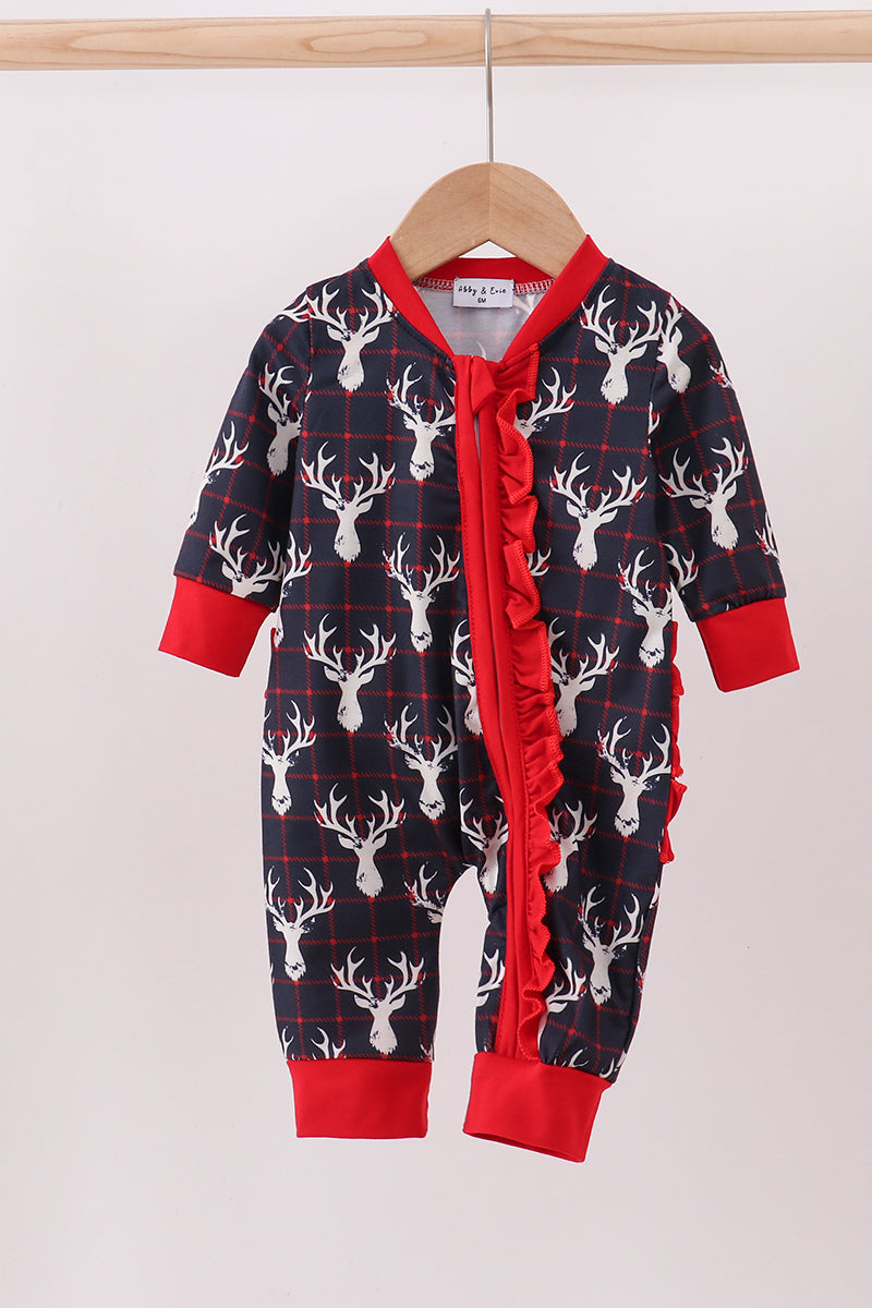 navy-reindeer-plaid-ruffle-zip-romper