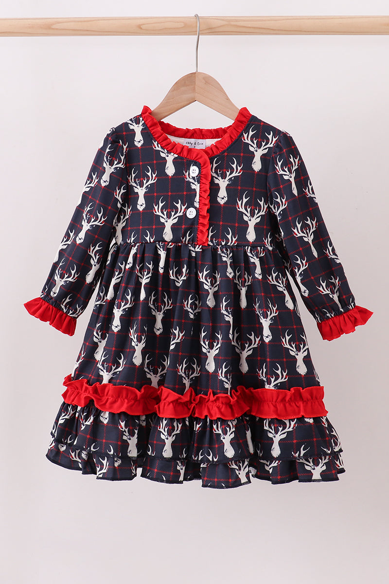 navy-reindeer-plaid-ruffle-holiday-dress