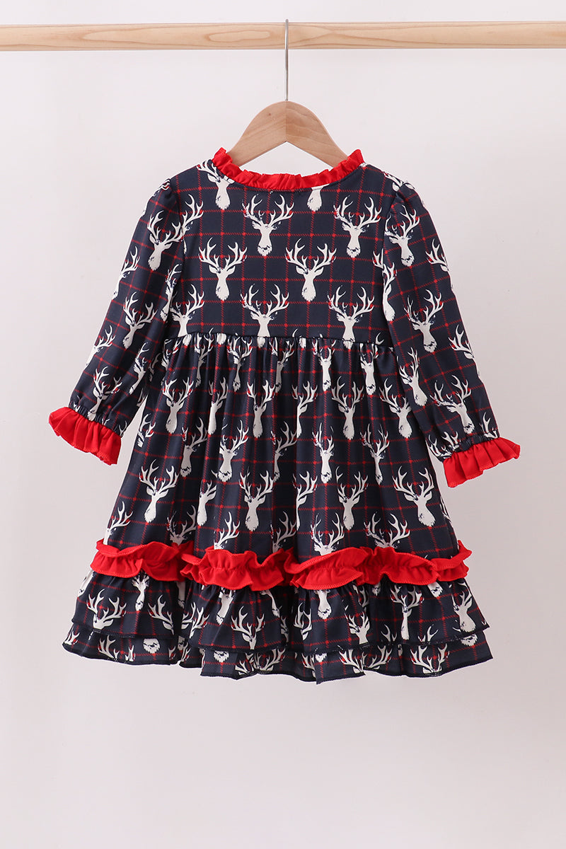 navy-reindeer-plaid-ruffle-holiday-dress