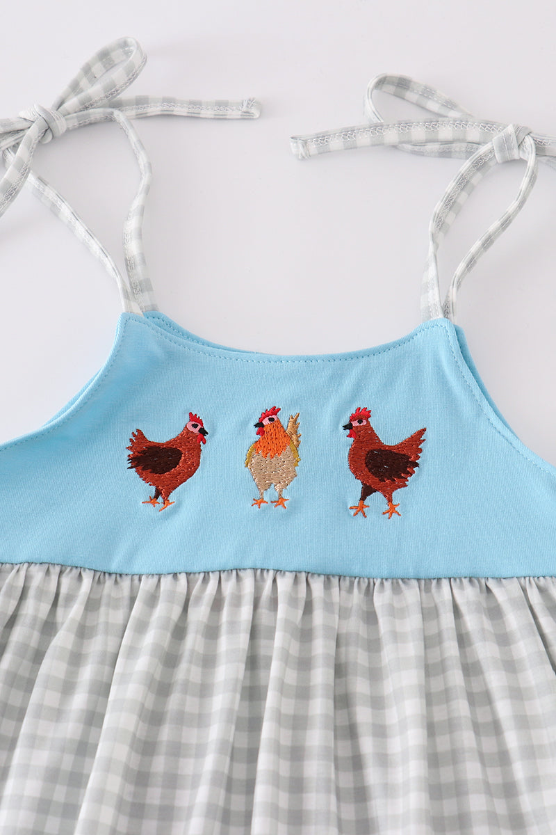 Blue farm chicken embroidery short set