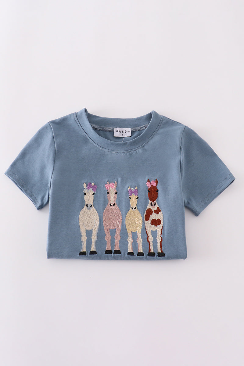 Blue farm horses embroidery shorts set