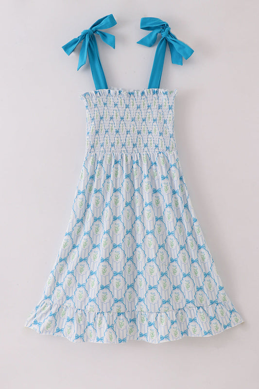 Blue floral bow tie strap mom dress