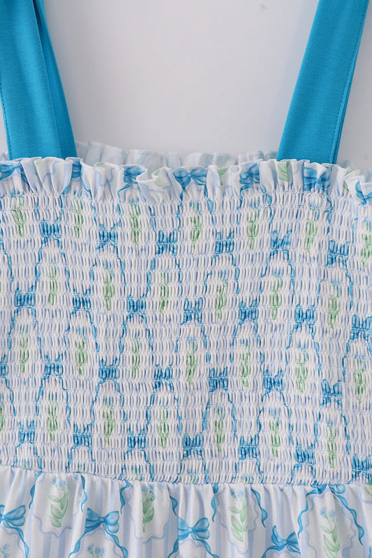 Blue floral bow tie strap mom dress