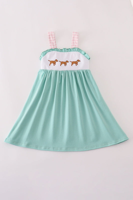 Mint hunting puppy embroidery ruffle dress