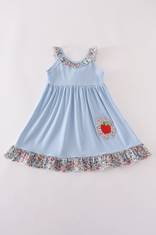 Blue apple floral applique ruffle dress