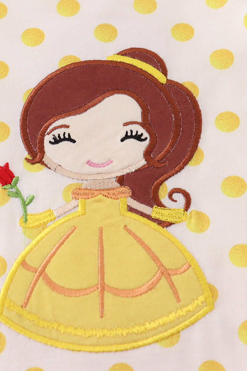 Yellow character applique dot romper