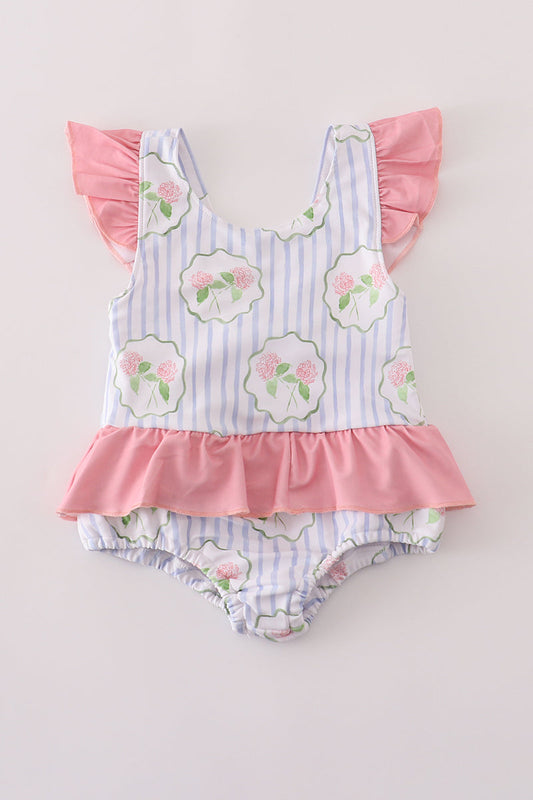 Floral stripe ruffle swimsuit UPF50+