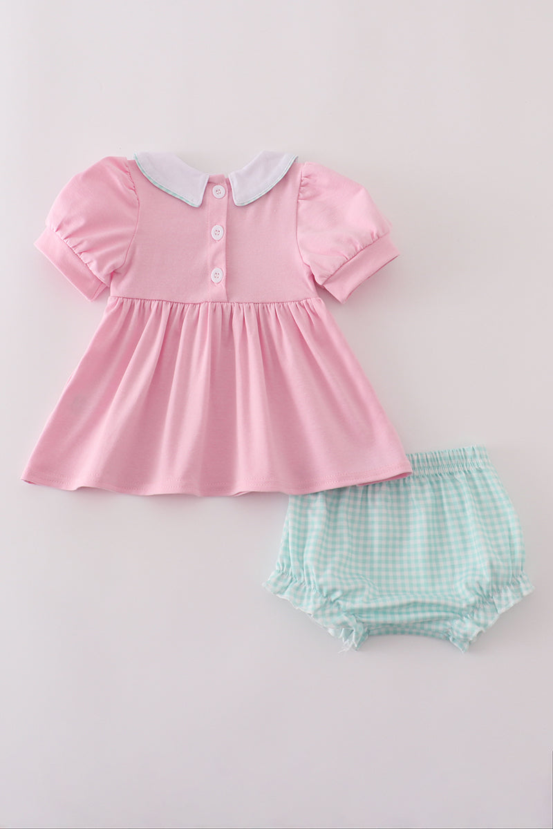 Pink teapot embroidery puff sleeve bloomer set