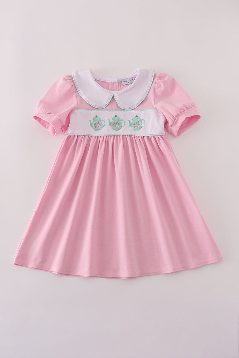 Pink teapot embroidery puff sleeve dress