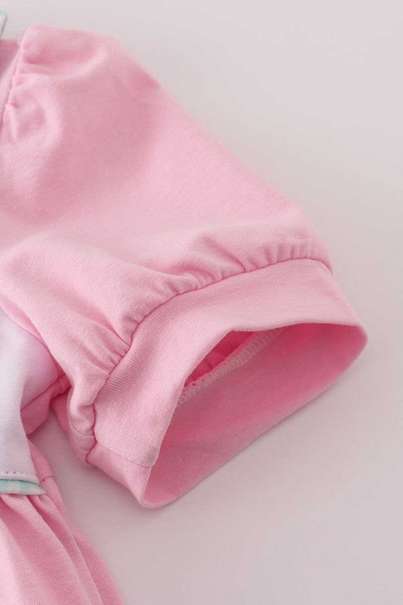 Pink teapot embroidery puff sleeve dress