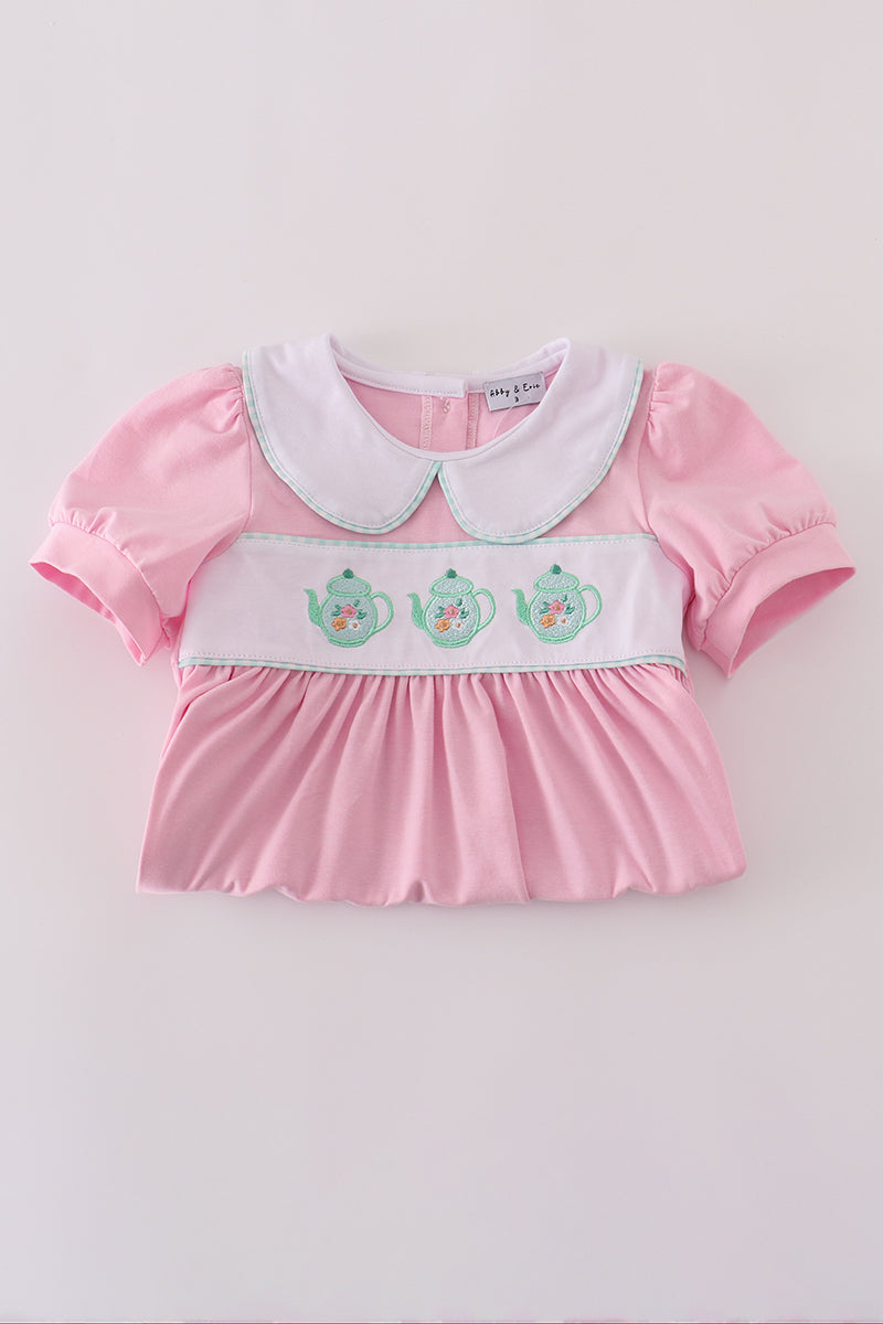 Pink teapot embroidery puff sleeve dress