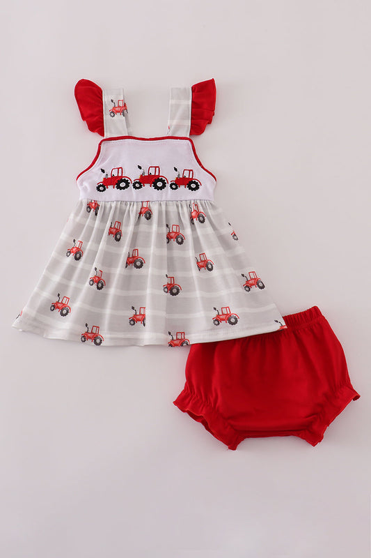 Red tractor embroidery bloomer set