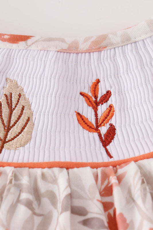 Fall leaves embroidery smocked ruffle dress