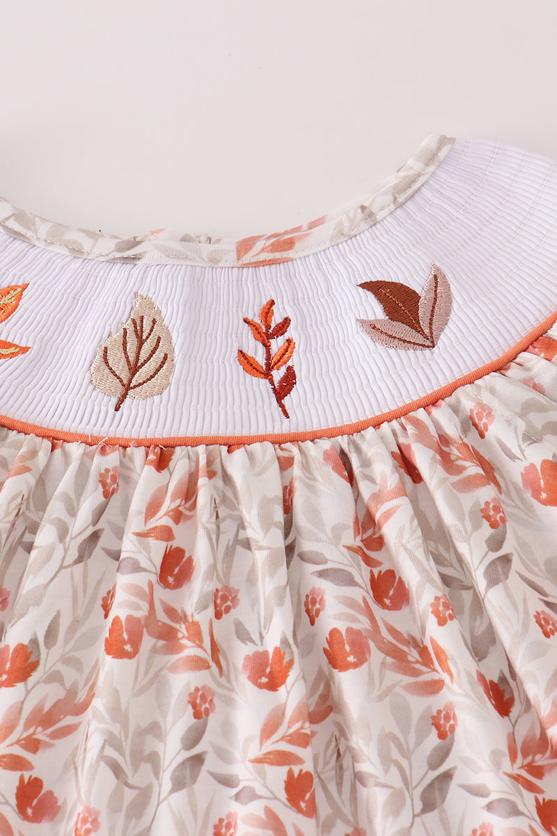 Fall leaves embroidery smocked ruffle dress