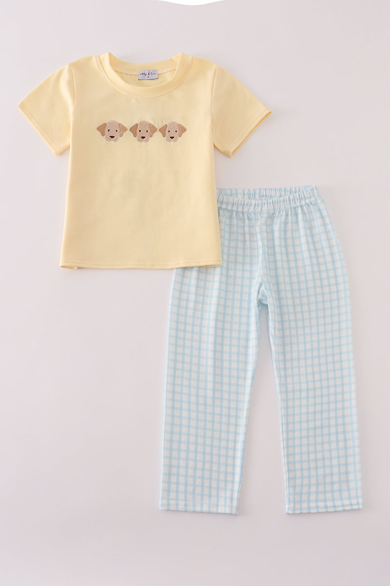 Yellow puppy embroidery gingham pants set