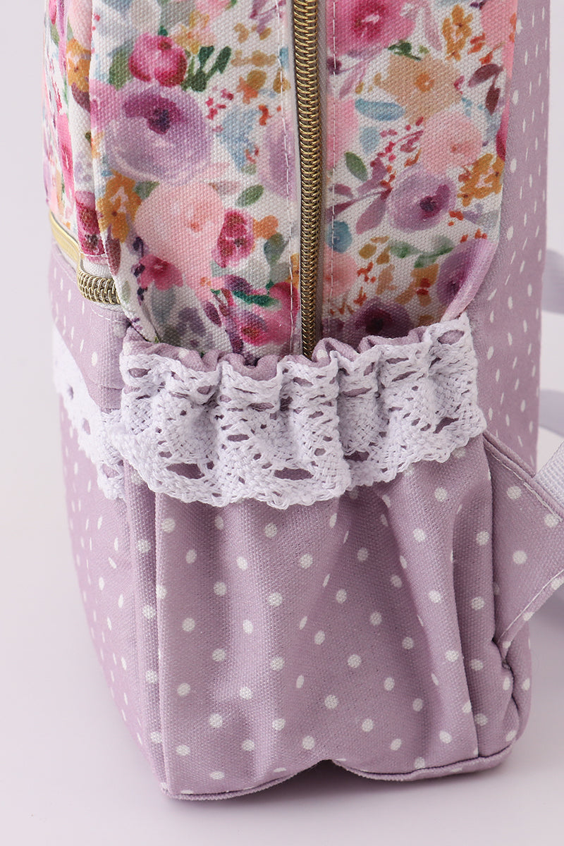 Purple floral print canvas ruffle backpack