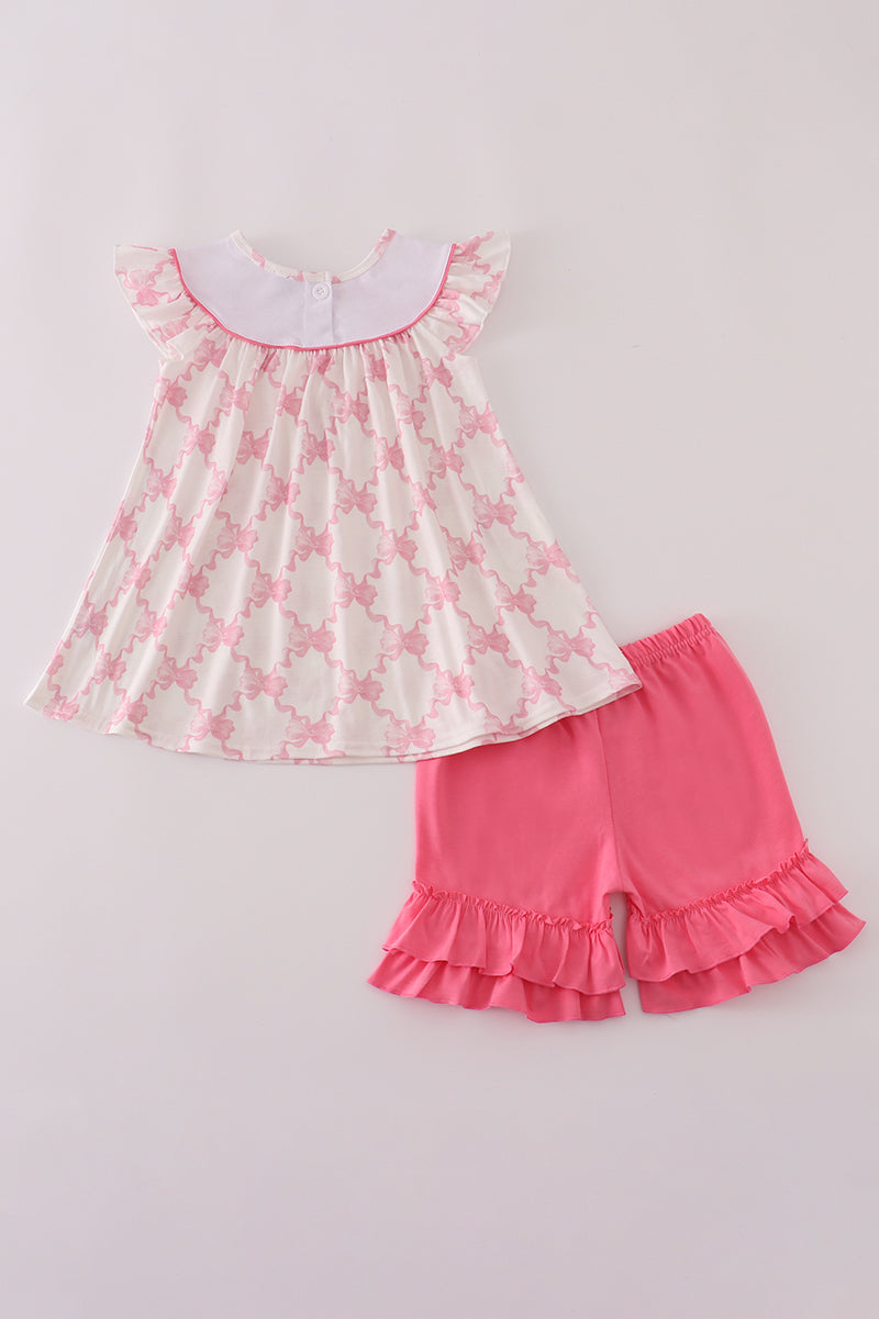 Pink bow tie embroidery ruffle shorts set