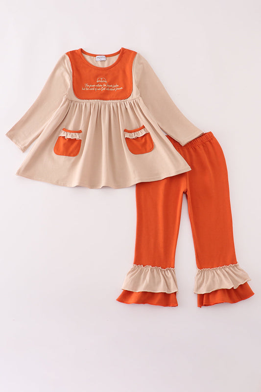 Rust isaiah embroidery ruffle pants set