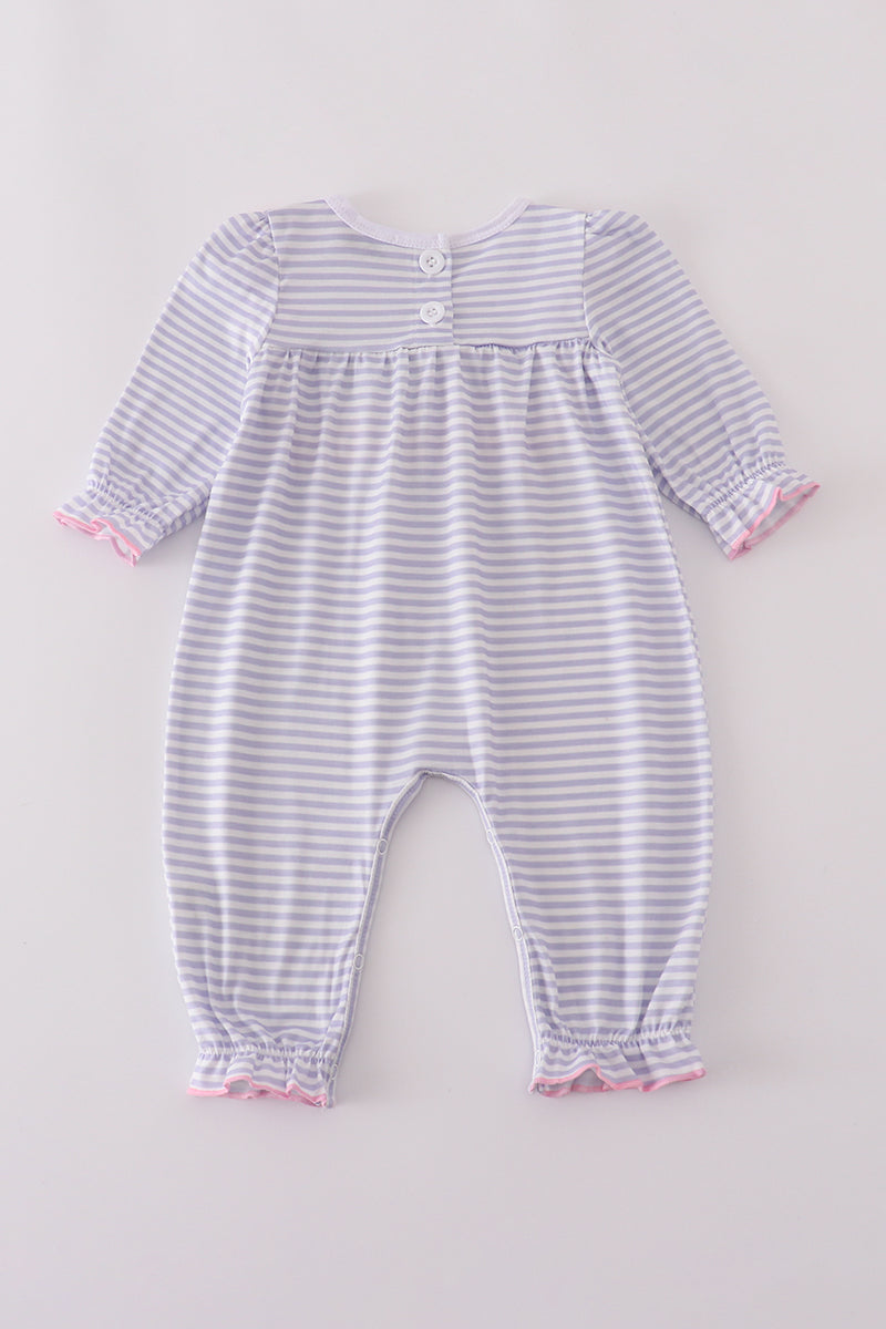 Purple puppy french knot stripe romper