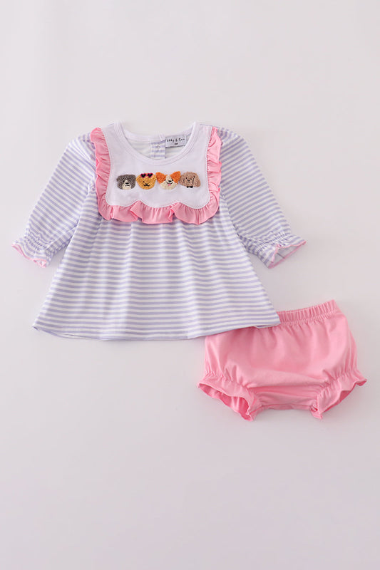 Purple puppy french knot stripe bloomer set