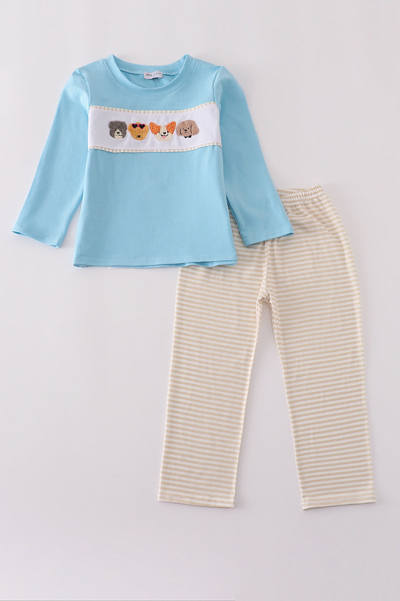 Blue puppy french knot pants set