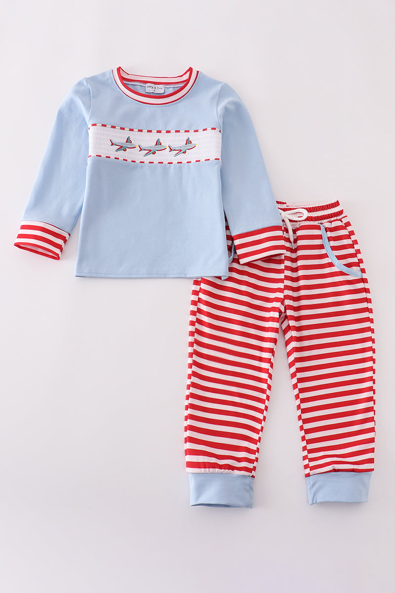 Blue airplane embroidery stripe pants set