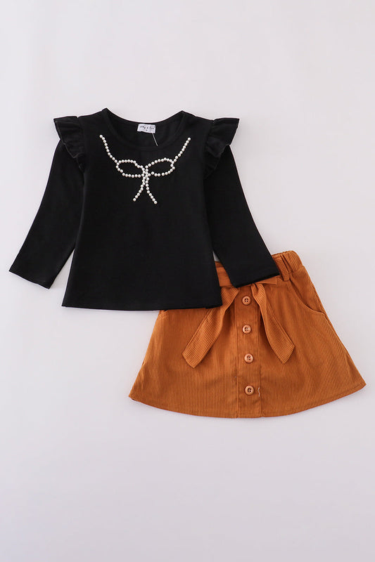Black pearl bow corduroy skorts set