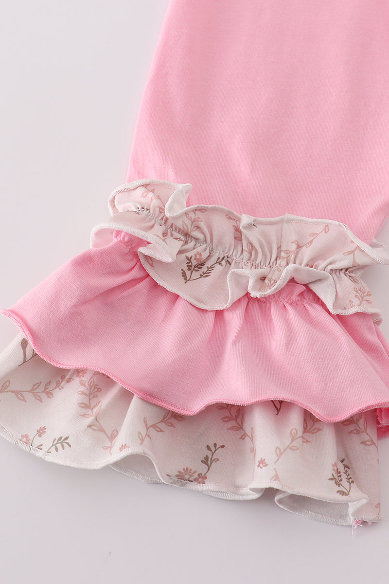 Pink floral print ruffle pants set