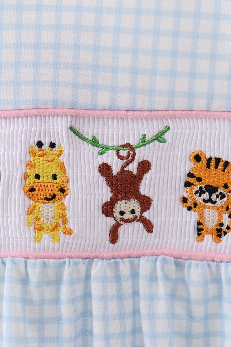 Blue animal smocked ruffle romper