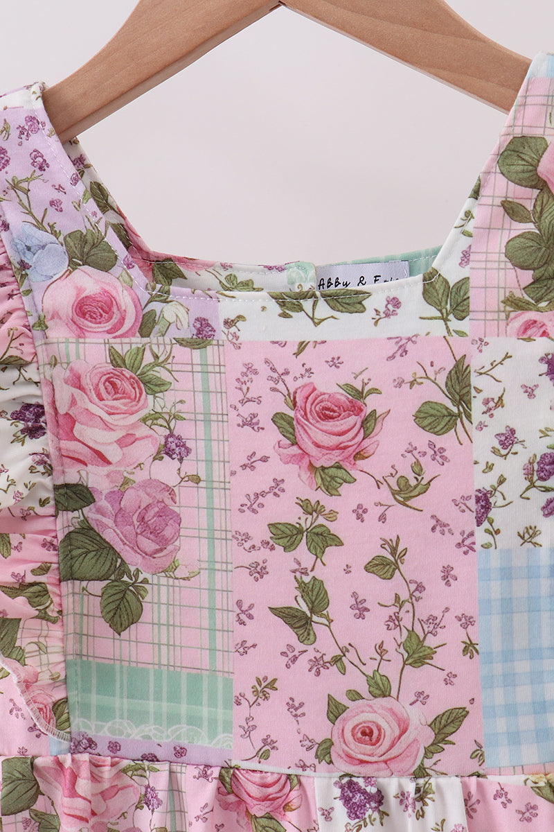 Purple floral checkered ruffle jumpsuit