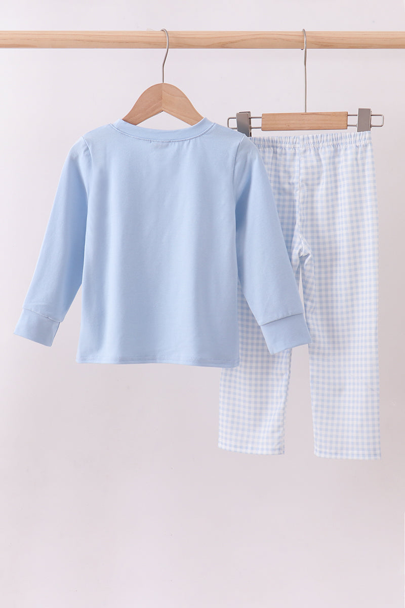Blue cotton applique gingham pants set