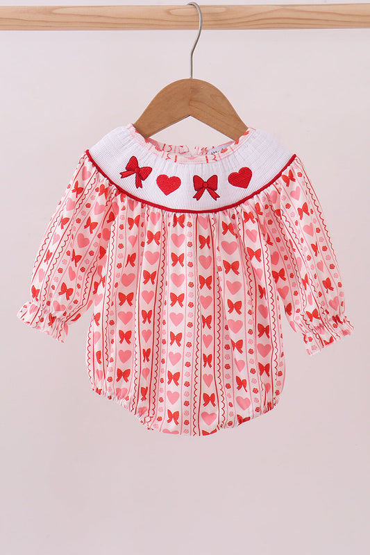 Red heart bow smocked bubble