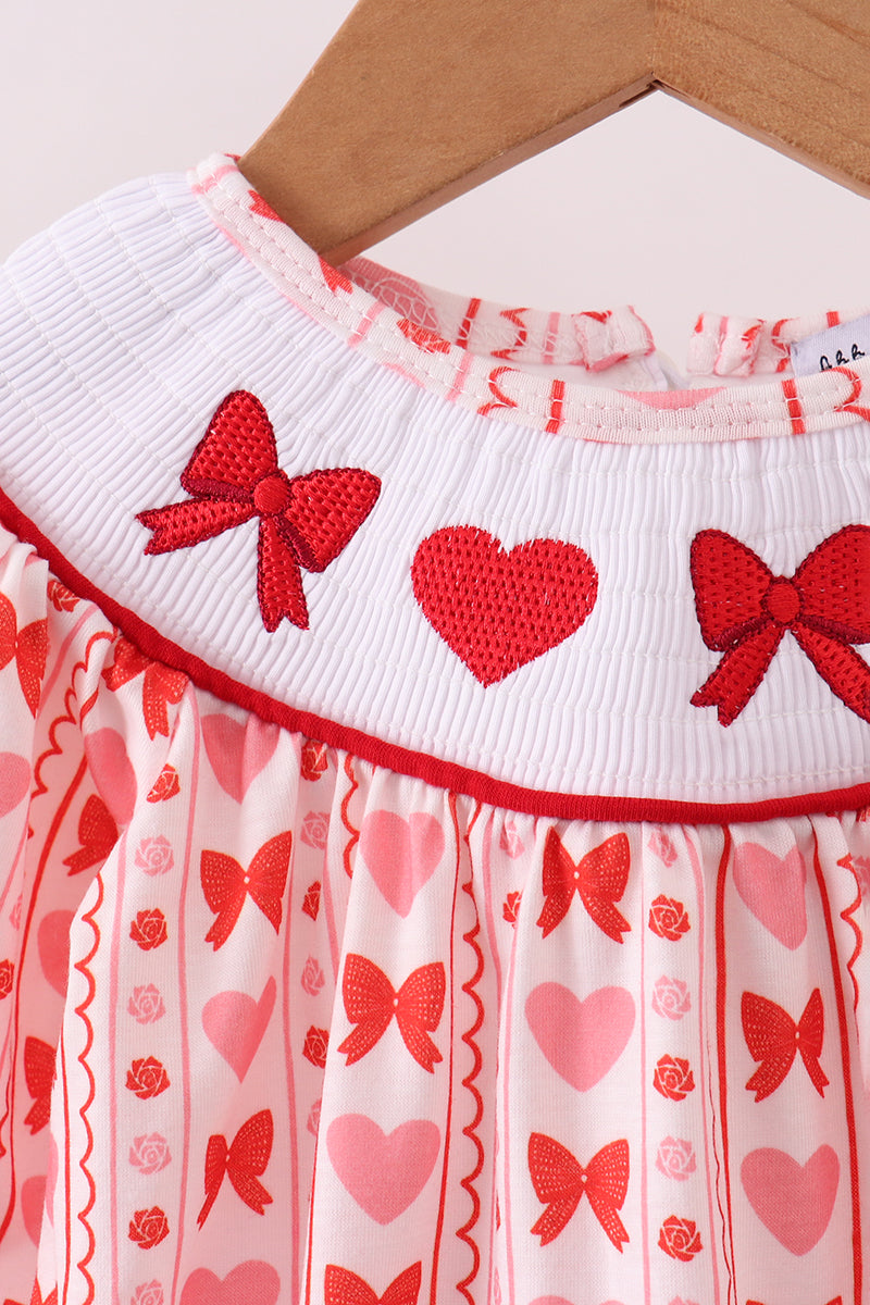 Red heart bow smocked bubble