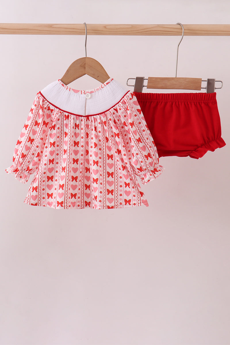 Red heart bow smocked bloomer set