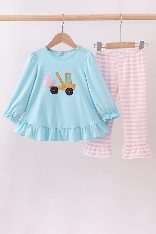Blue truck heart applique ruffle pants set