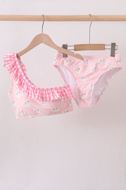 Pink rose ruffle 2pc women swimsuit