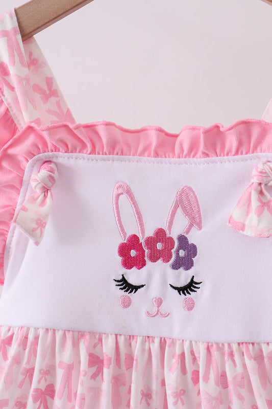 Pink bow bunny embroidery ruffle dress
