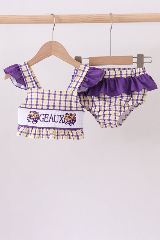 Purple LSU GEAUX smocked 2pc swimsuit