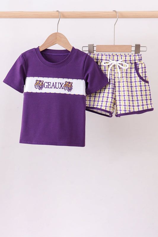 Purple LSU GEAUX smocked gingham shorts set