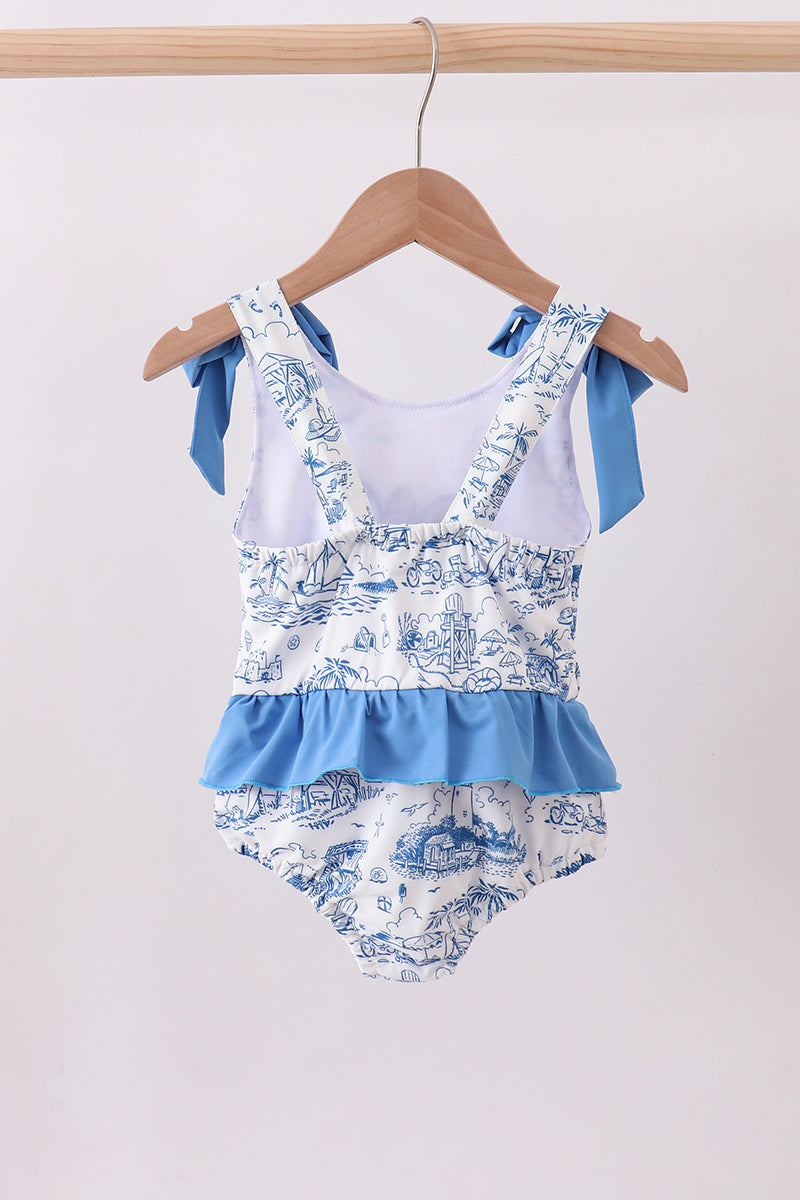 Blue beach sea turtle applique ruffle swimsuit