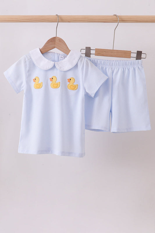 Blue duck embroidery stripe shorts set